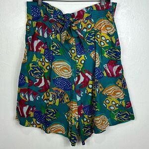 The Eagle's Eye Vintage Cotton Tropical Print High Waist Tie Front Shorts Size L